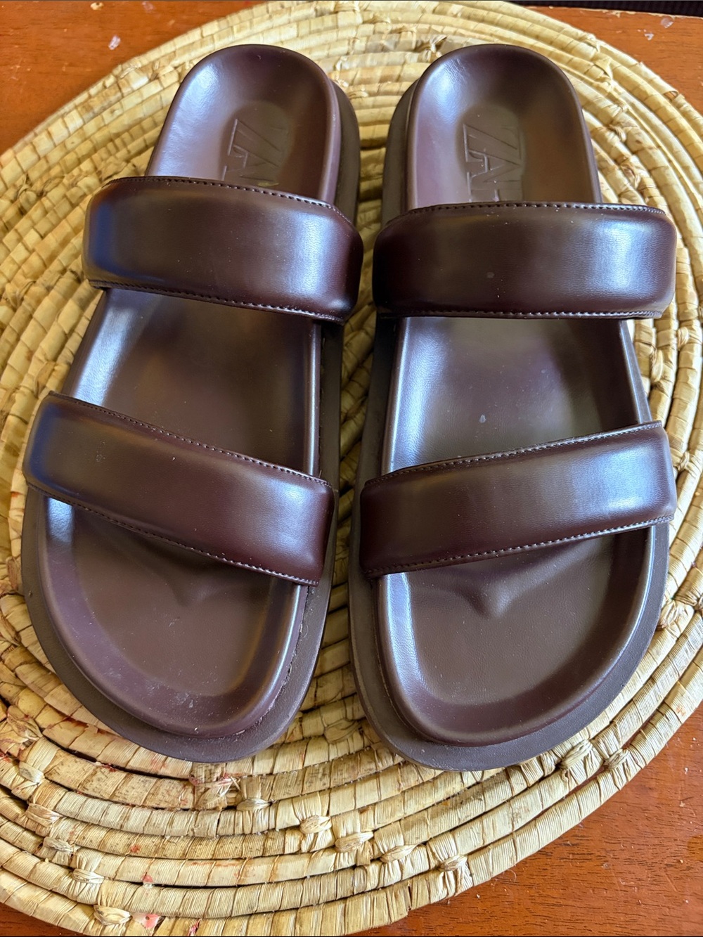 Zara Women’s Double-Strap Slide Sandals in Dark Brown